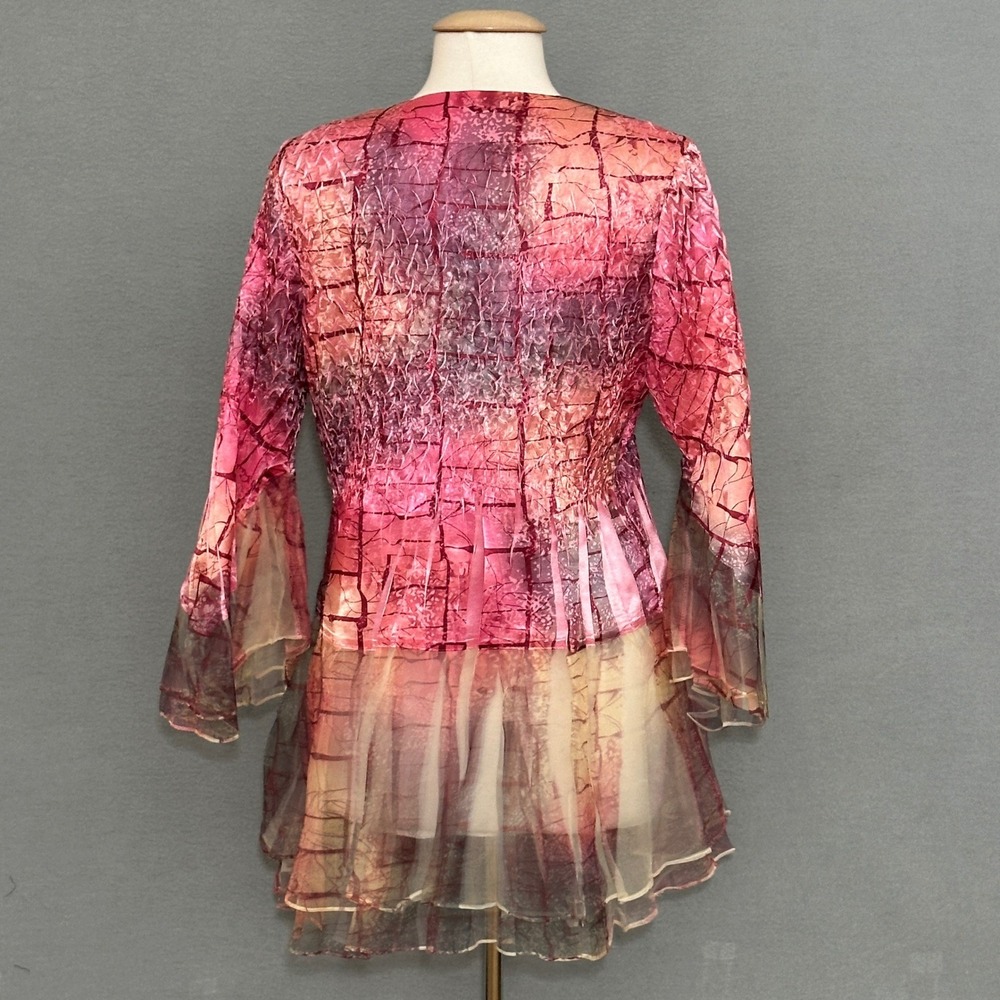 Jerry T Womens Top L Pink Colorful Crinkle Abstract Smocked Tunic Boho‎ Artsy - Picture 5 of 11